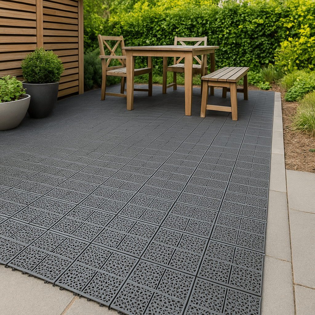 Dalles clipsables terrasse en extérieur installées sur un sol moderne, offrant une finition esthétique et résistante aux intempéries.