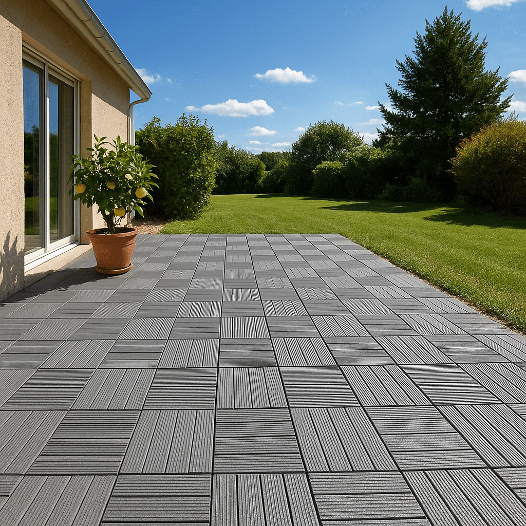 Terrasse extérieure en dalles clipsables résistantes aux intempéries, avec un ciel bleu dégagé, un jardin verdoyant et un pot de citronnier près de la maison.